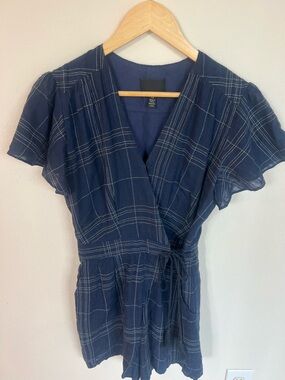 Anthropologie Navy Plaid V-Neck Tie Detail Romper